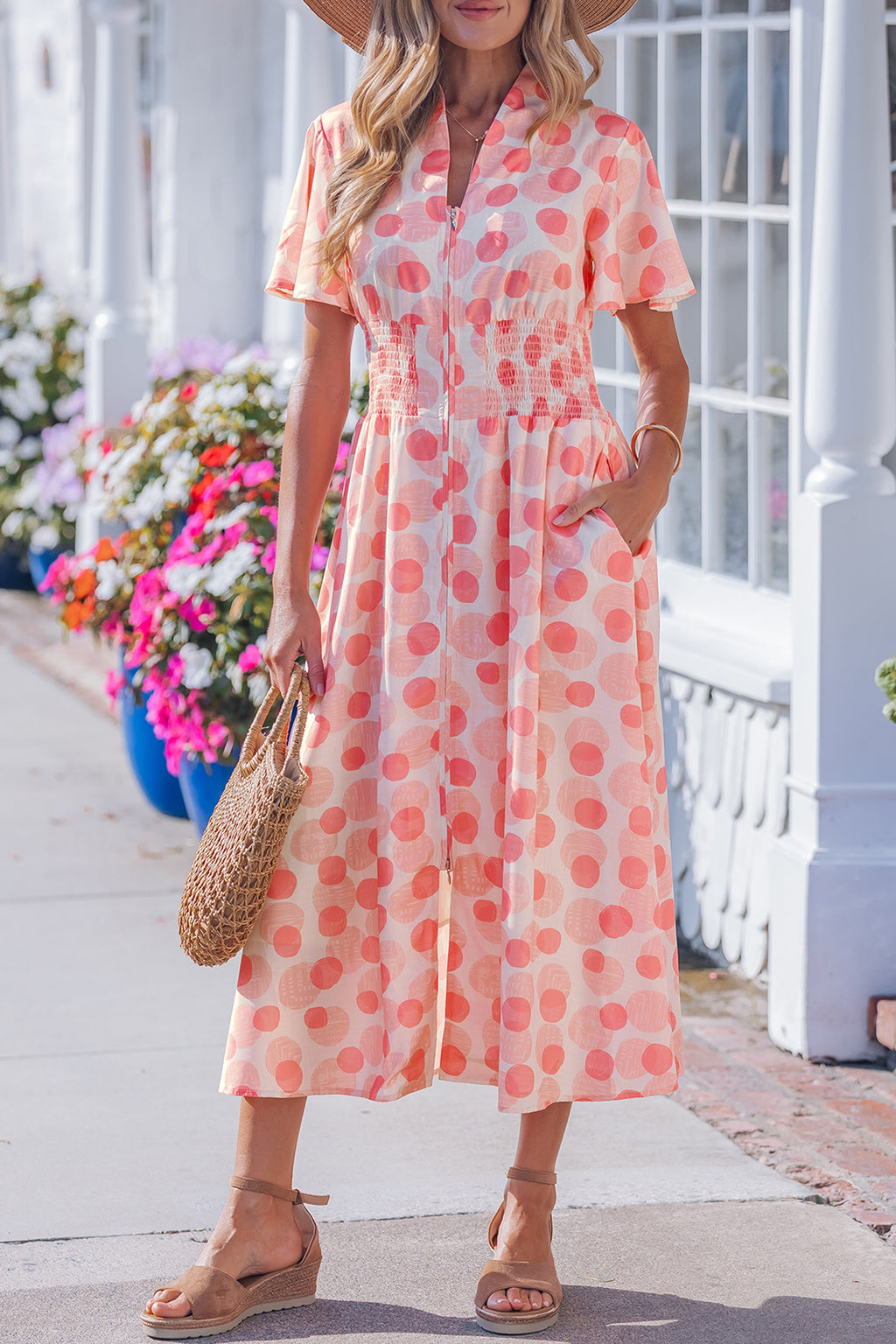 Women's Pink Polka Dot Ruffle Short Sleeve Zip-Up Maxi Dress at LivelyLooks