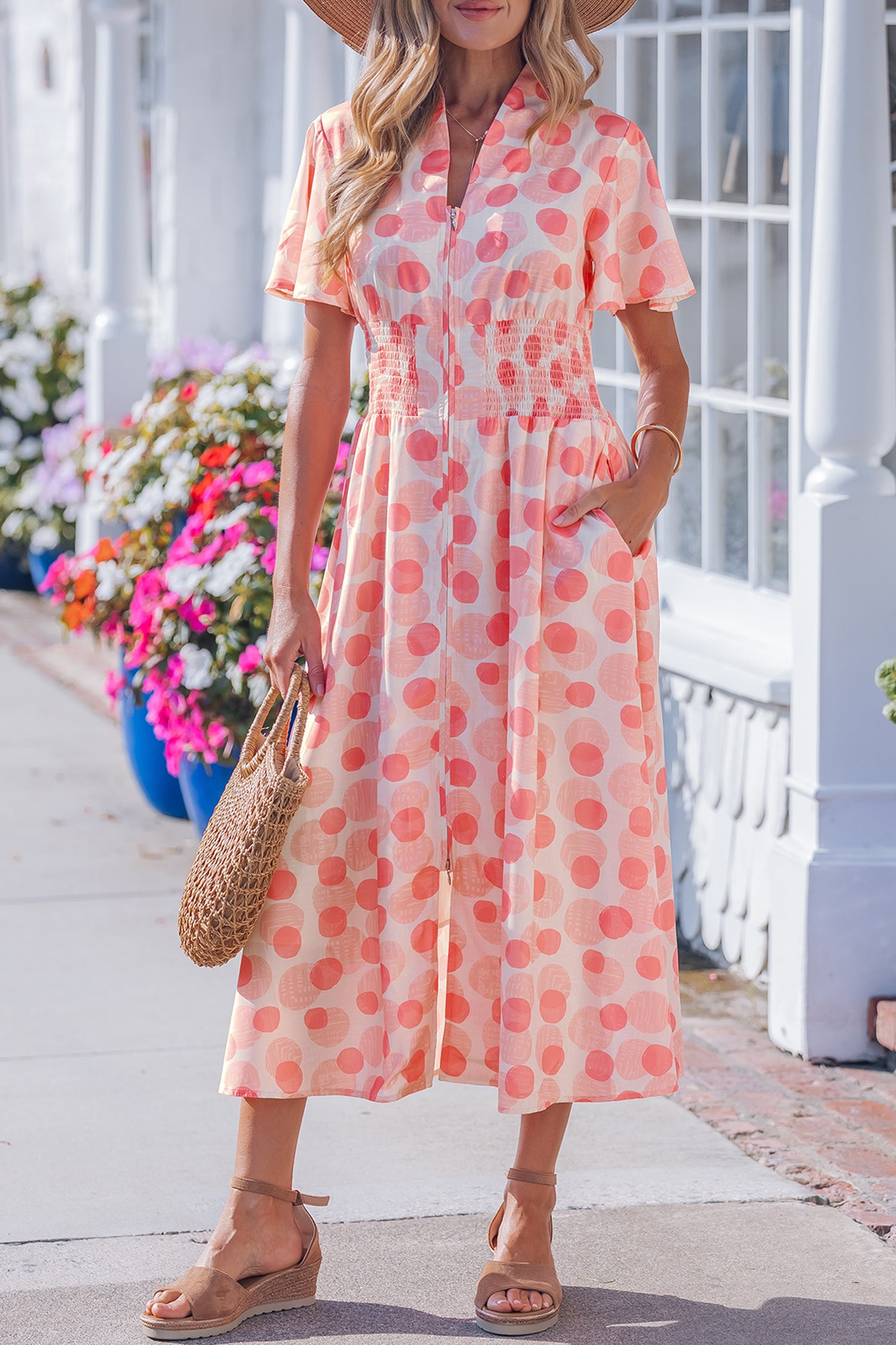Women's Pink Polka Dot Ruffle Short Sleeve Zip-Up Maxi Dress at LivelyLooks
