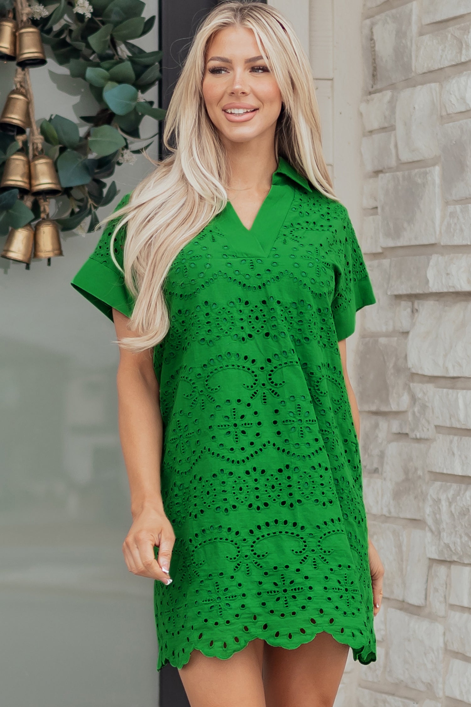White & Green Eyelet Embroidered Short Sleeve T-Shirt Mini Dress