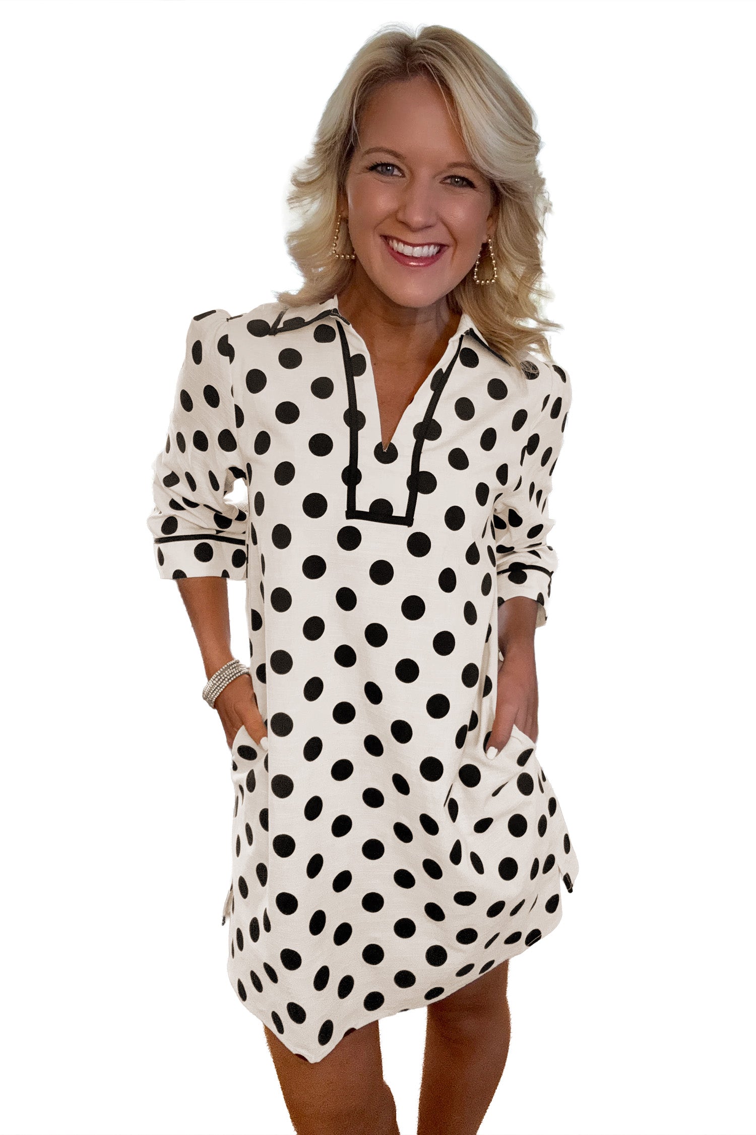 White Polka Dot Half Sleeve Collar V Neck Pocketed Casual Mini Dress | UK 10–18