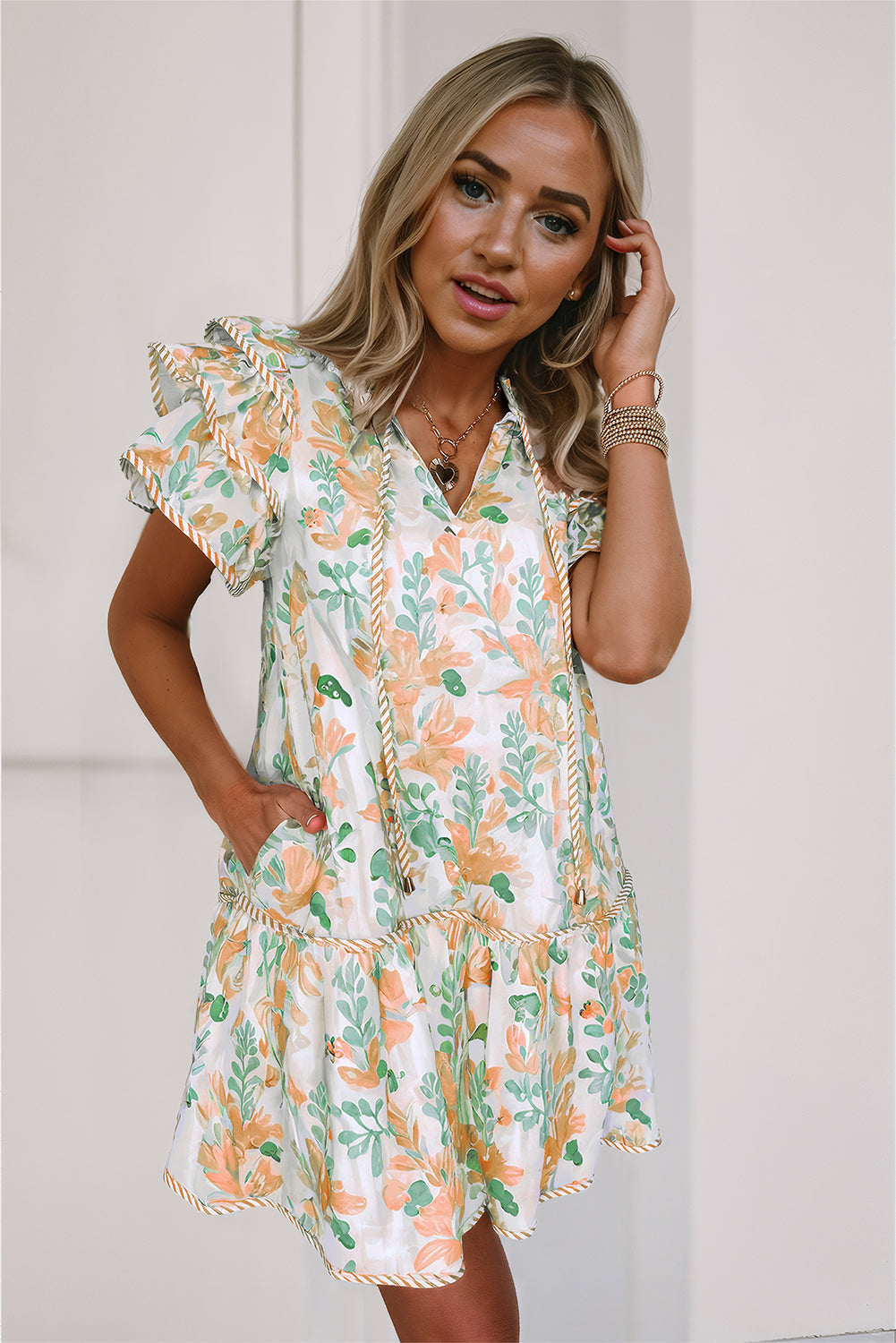 Floral Contrast Edge Layered Sleeve Mini Dress | Sky Blue & Pink