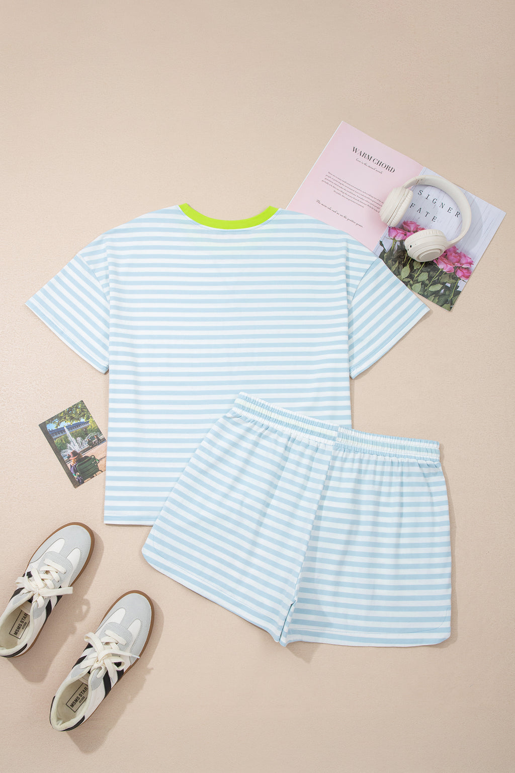 LivelyLooks Stripe Contrast Neck Tee & Drawstring Shorts Co-ord Set S-XL women's fashion