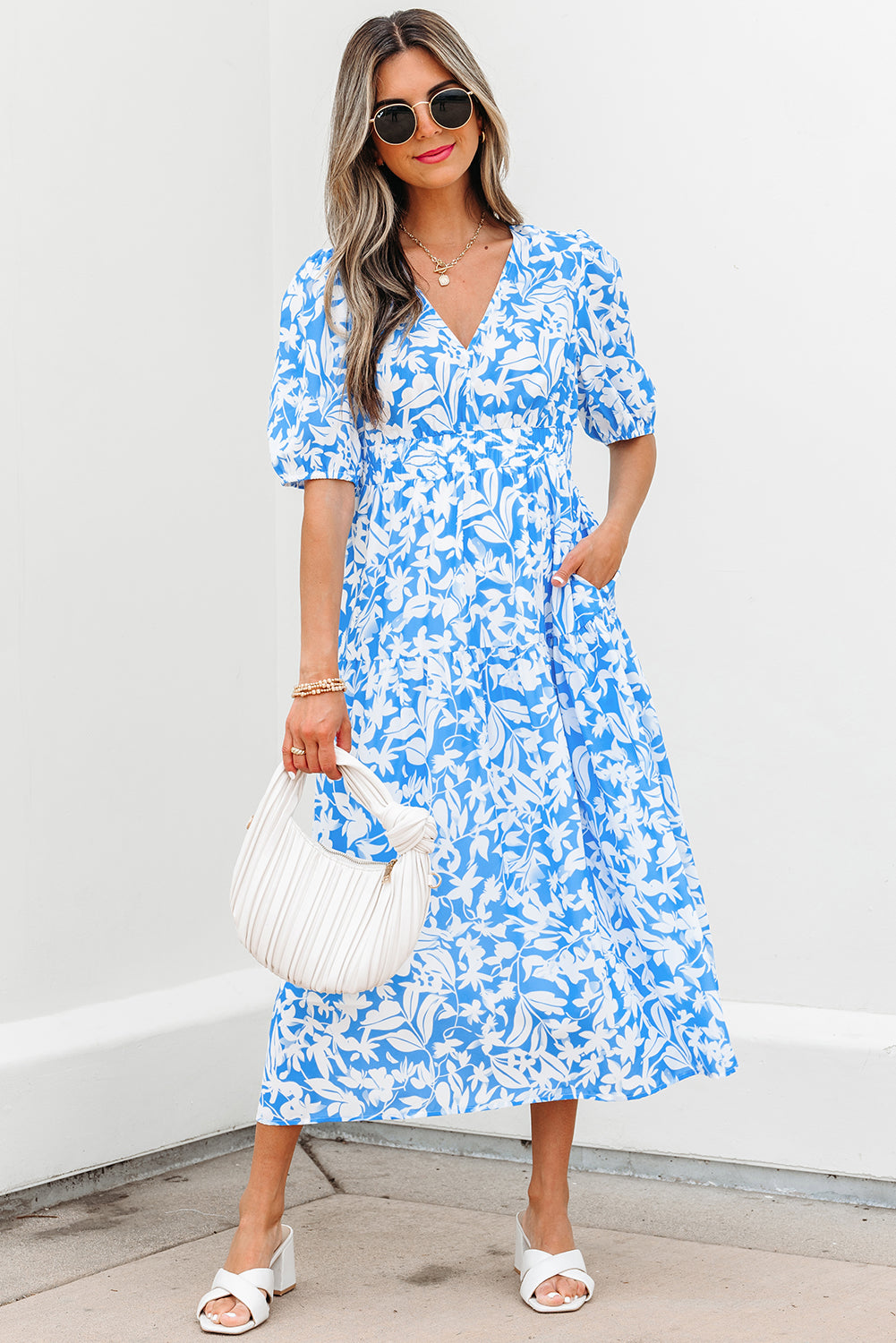 LivelyLooks Blue Floral V-Neck Puff Sleeve Fit & Flare Maxi Dress women's fashion