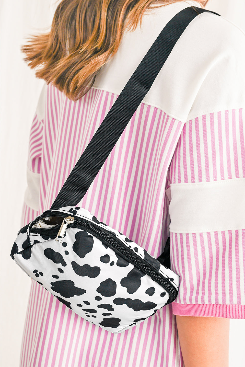 White Cow Print Shoulder Bag Buckle Wide Belt Inclined Women One Size