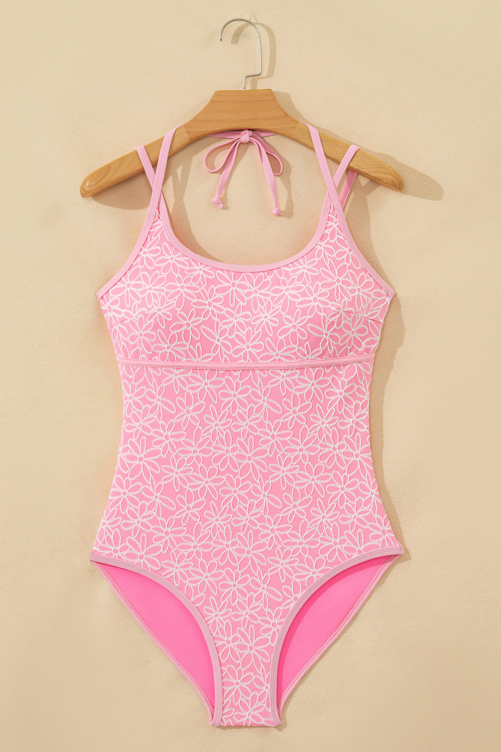 Women's Women Pink Corded Flower Texture Halterneck Spaghetti Strap One Piece Swimsuit S-XL at LivelyLooks