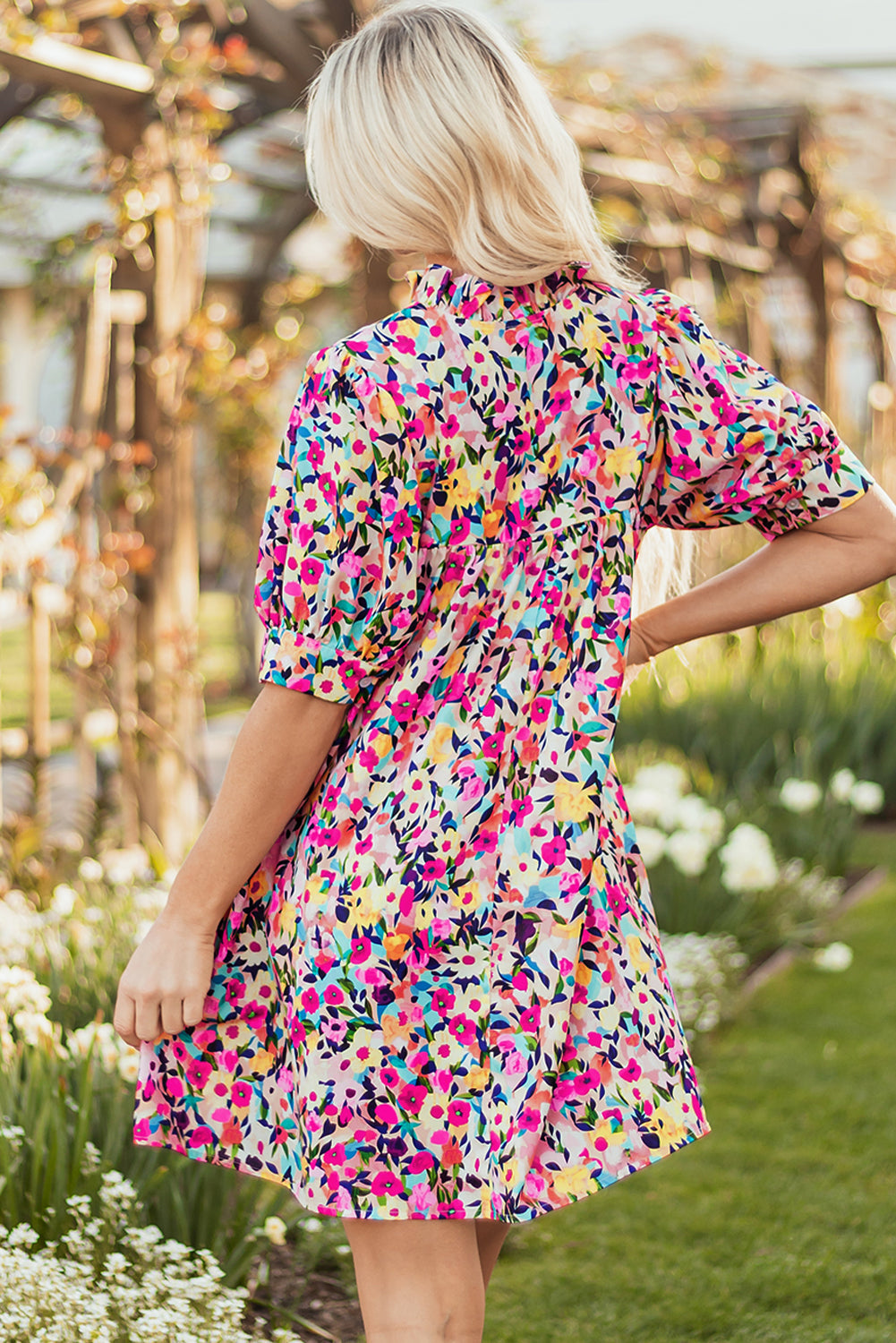 Pink Floral Puff Sleeve V Neck Mini Dress S-XL