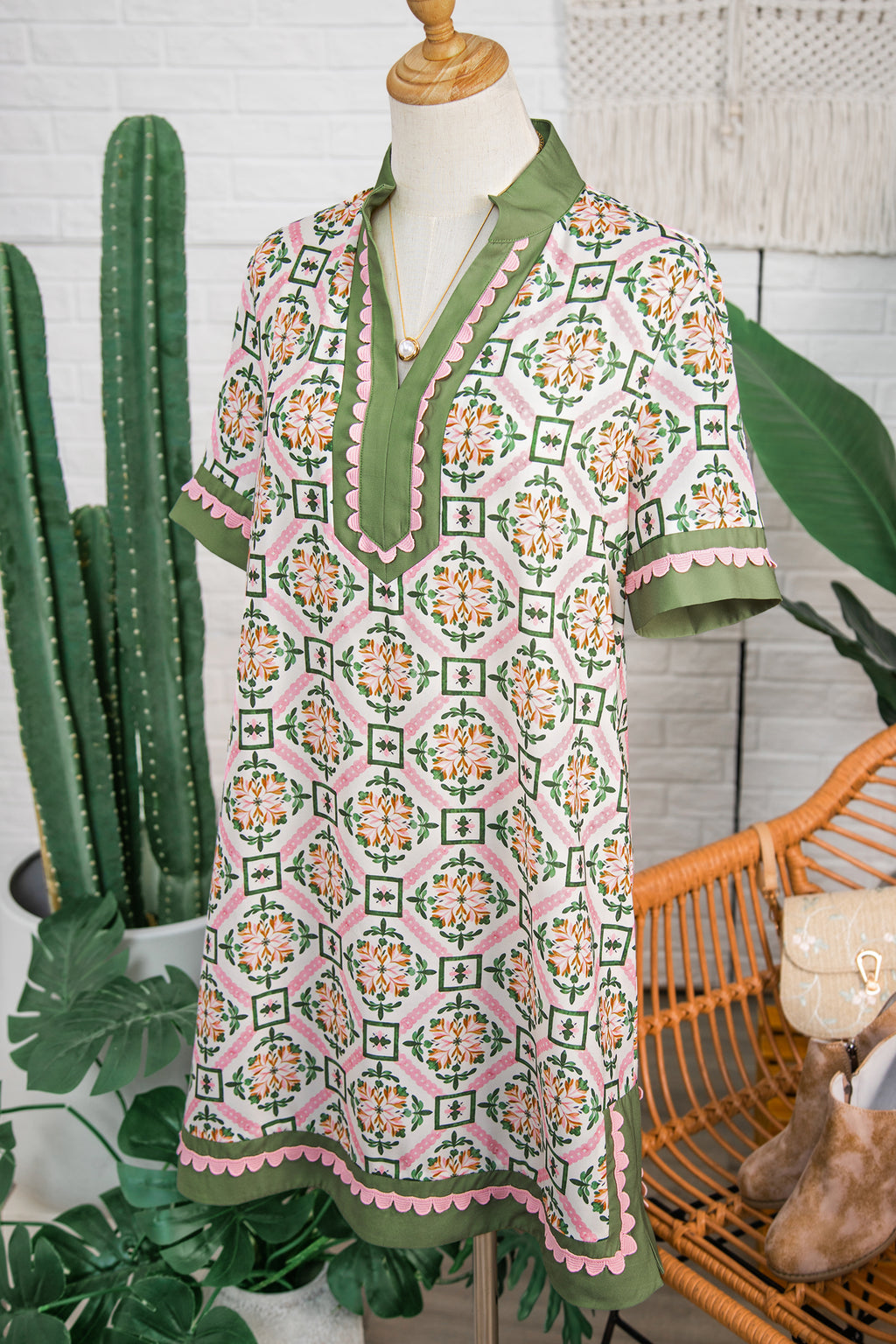 Multicolour Boho Geometric Flower Print Short Sleeve Loose Mini Dress S-XL