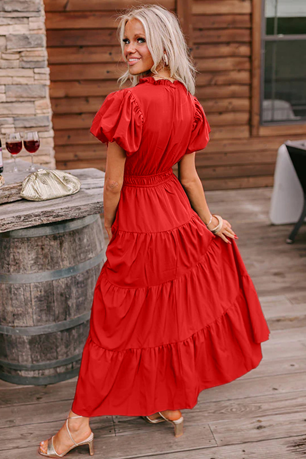 Women's Solid Colour V Neck Puff Sleeve High Waist Tiered Maxi Dress | S-XL at LivelyLooks