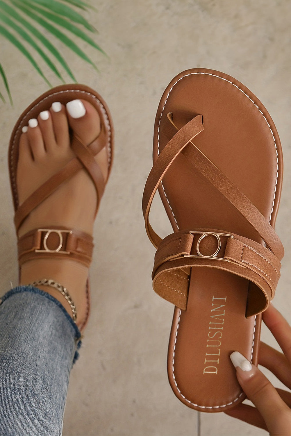 Shop Chestnut Cross Toe Metal Buckle PU Leather Flat Sandals at LivelyLooks