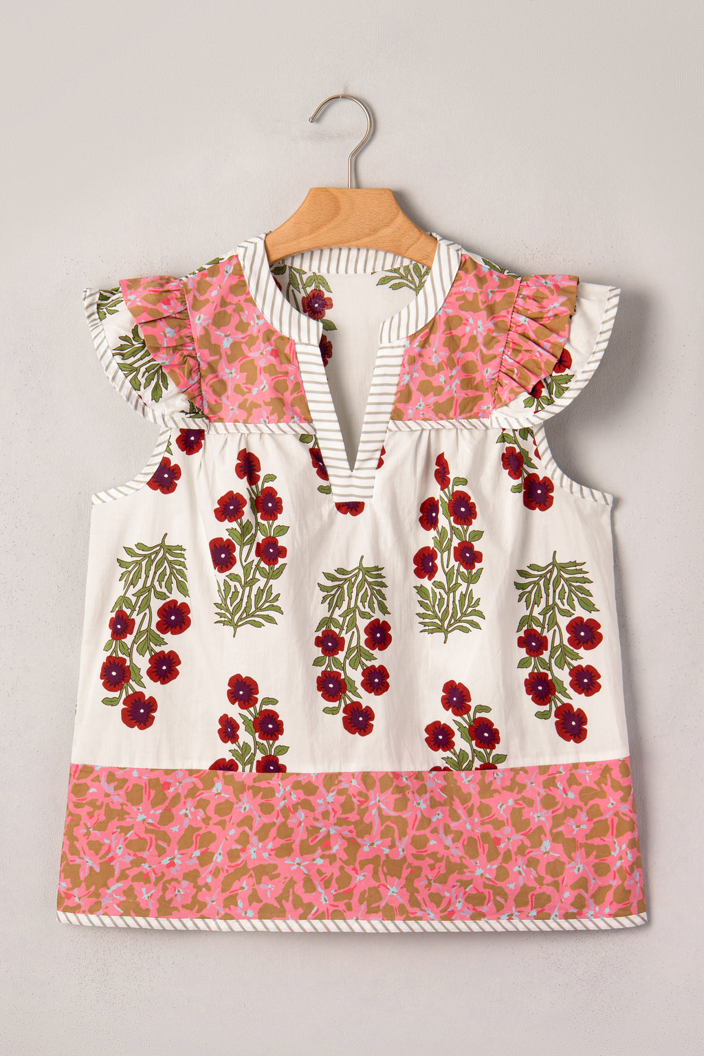White Floral Print Flutter Blouse Contrast Striped Trim Cotton Women S-XL