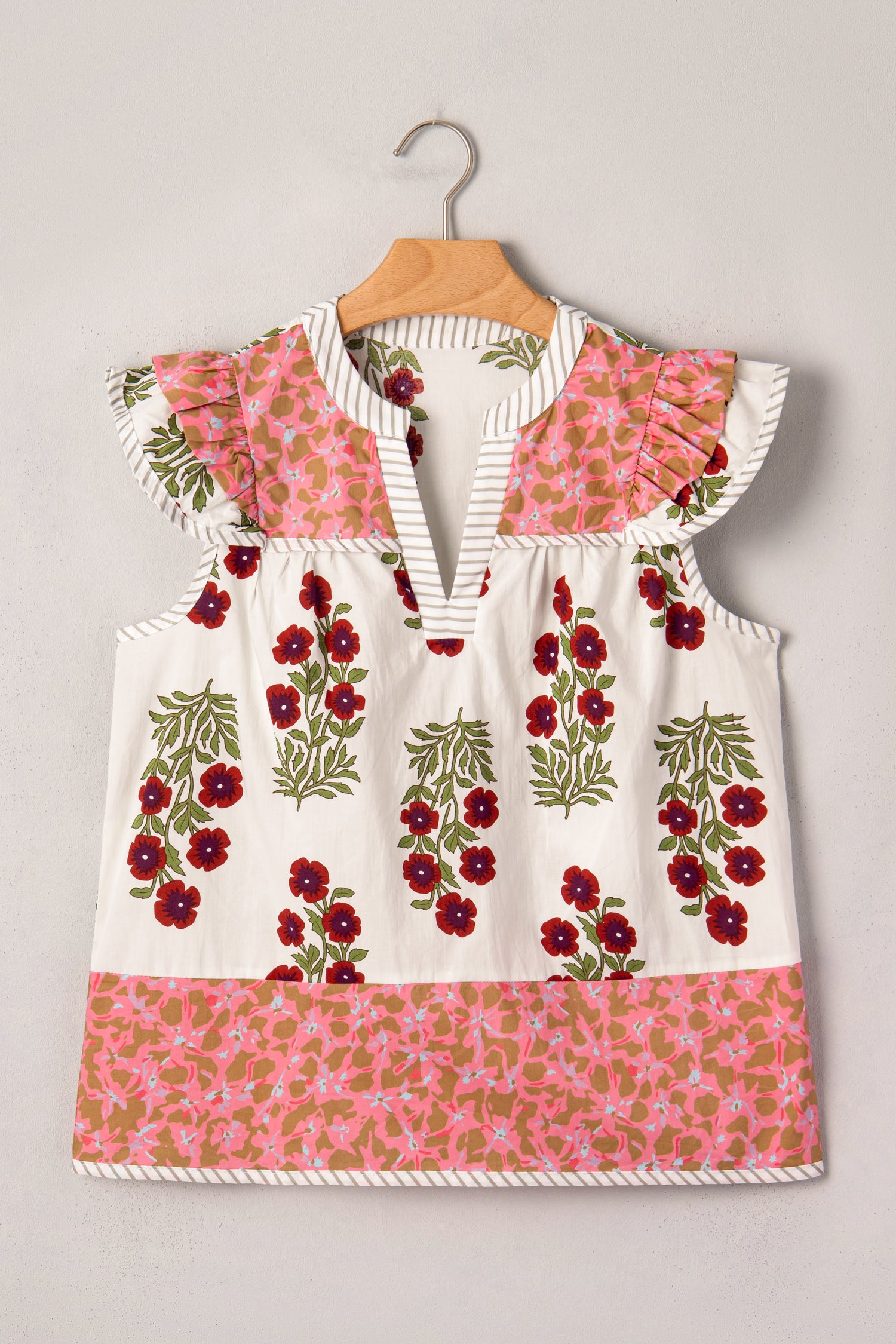 White Floral Print Flutter Blouse Contrast Striped Trim Cotton Women S-XL