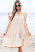Shop Floral Embroidery Pom Pom Ruffle Sleeve Split Neck Mini Dress | S-XL at LivelyLooks