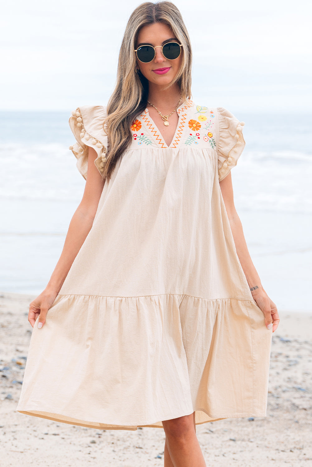 Shop Floral Embroidery Pom Pom Ruffle Sleeve Split Neck Mini Dress | S-XL at LivelyLooks