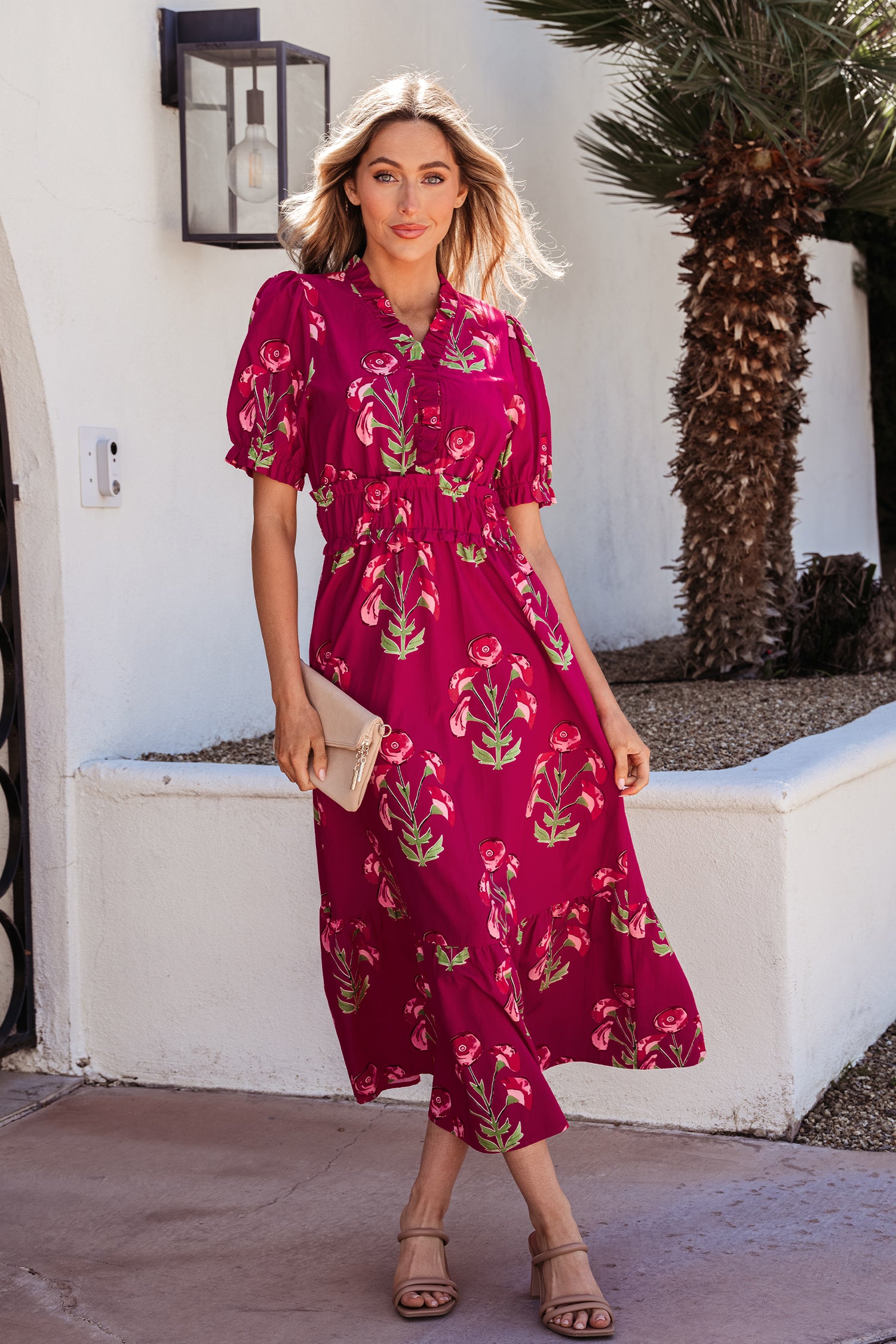 Women's Red Floral Ruffle V-Neck Short Sleeve Maxi Dress Vacation S-XL at LivelyLooks