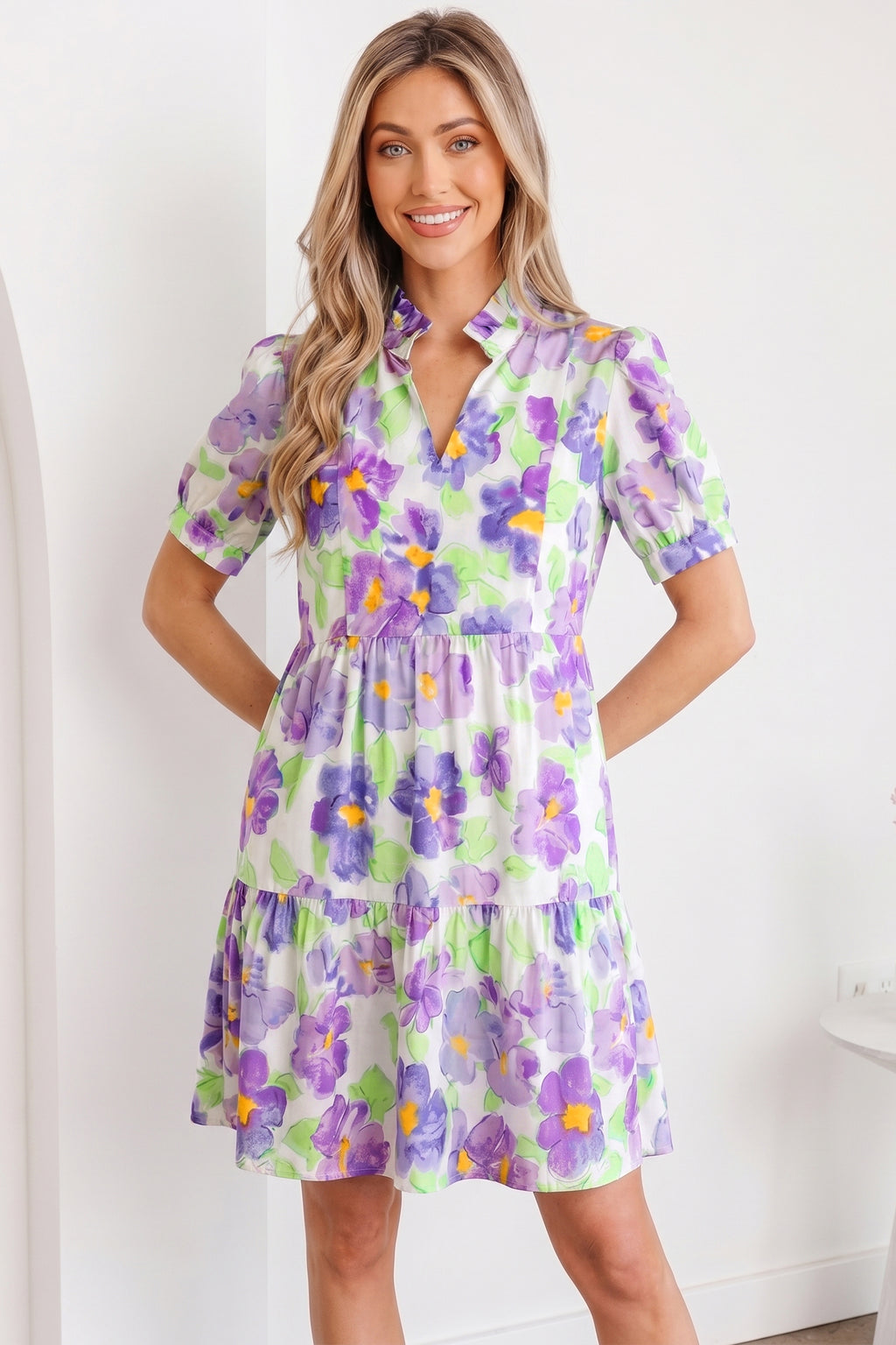 Purple Floral V Collar Short Sleeve Tiered Ruffle Mini Dress S-XL