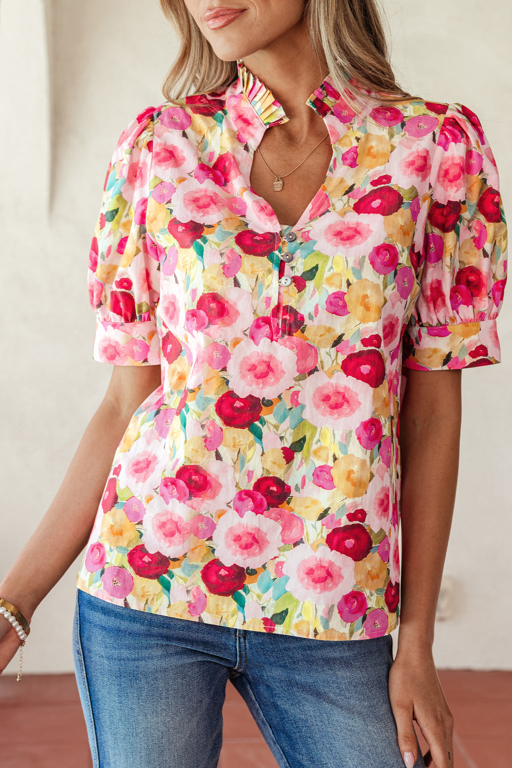 Pink Floral Frilled V Neck Puff Sleeve Blouse
