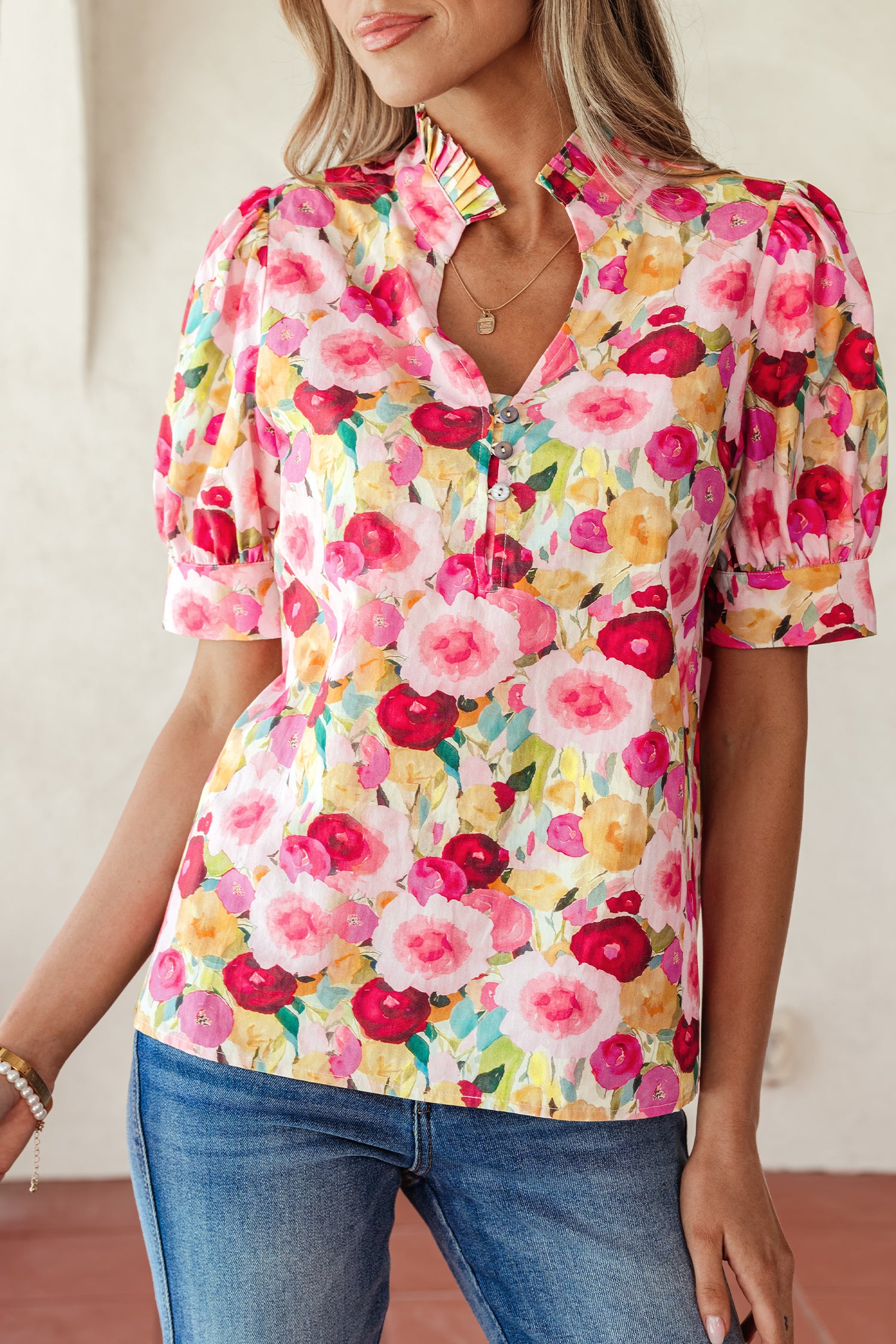 Pink Floral Frilled V Neck Puff Sleeve Blouse