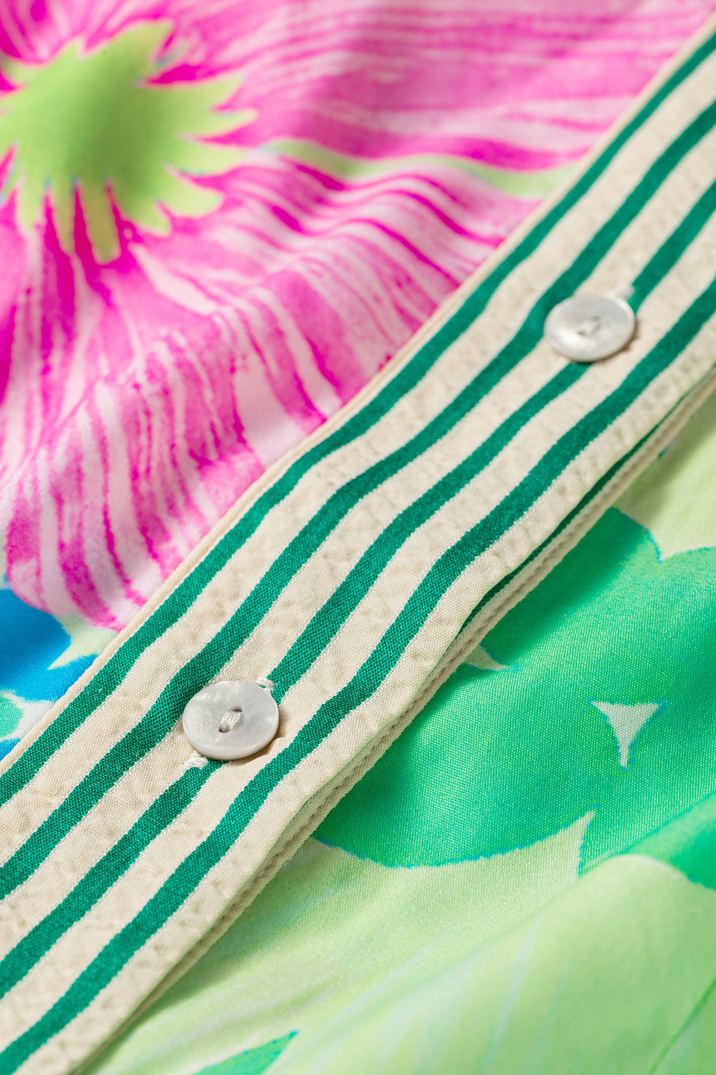 Floral Print Striped Trim Button Down Short Sleeve Vacation Dress | Green & Pink | UK 8–18