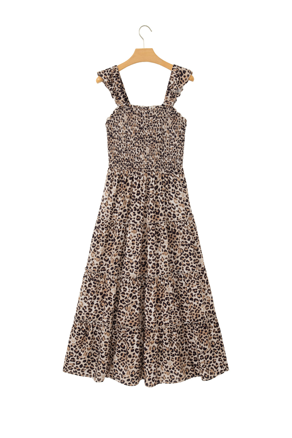 Brown Leopard Print Smocked Ruffled Strap Tiered Maxi Dress