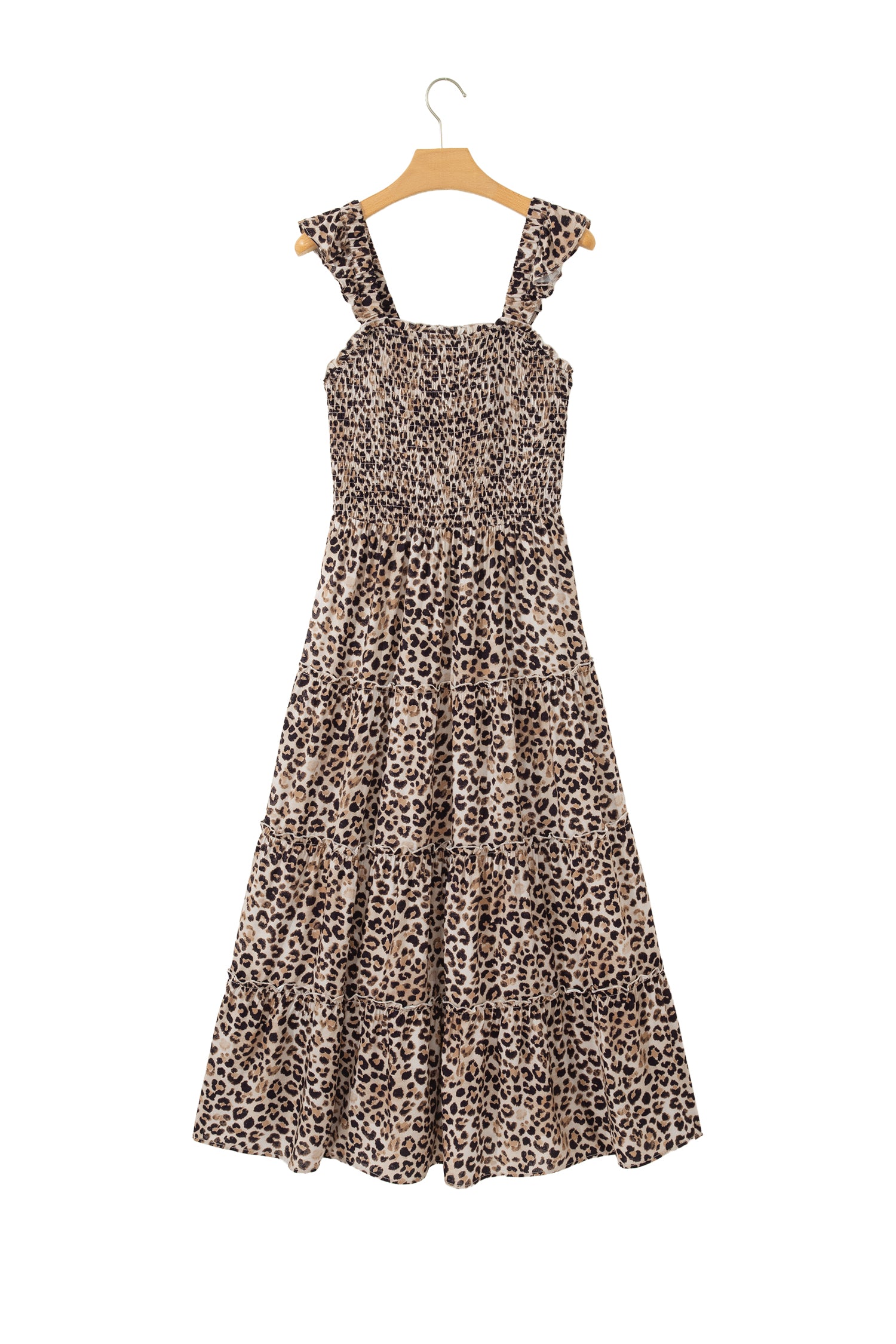 Brown Leopard Print Smocked Ruffled Strap Tiered Maxi Dress