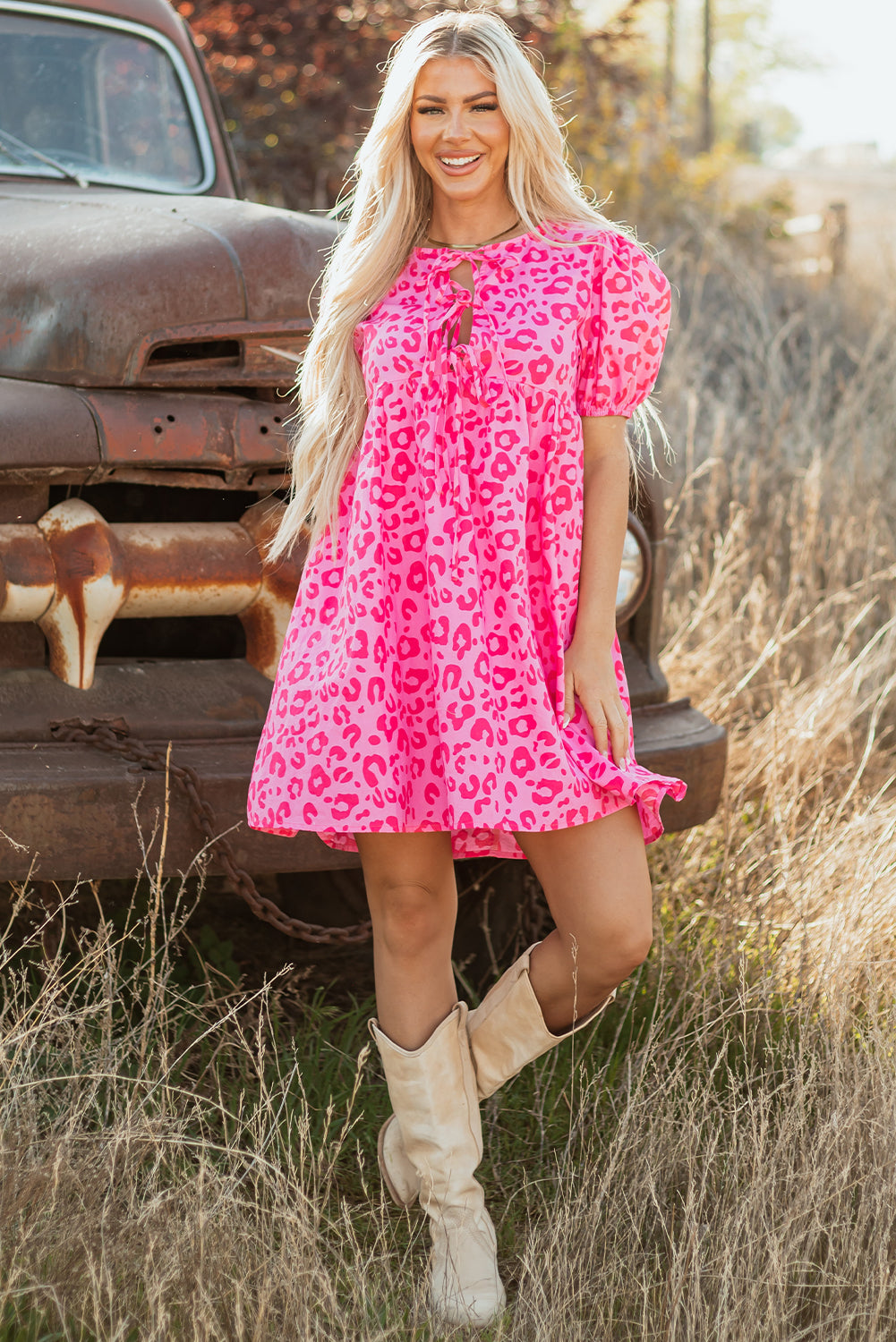 Women's Rose Leopard Puff Sleeve Tie Front High Waist Mini Dress at LivelyLooks