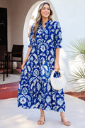 Women's Blue Wild Floral Print Frilled Collar Puff Sleeve Midi Dress at LivelyLooks
