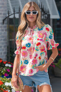 Beige Floral Blouse Tie V Neck Short Puff Sleeve Summer Women S-XL