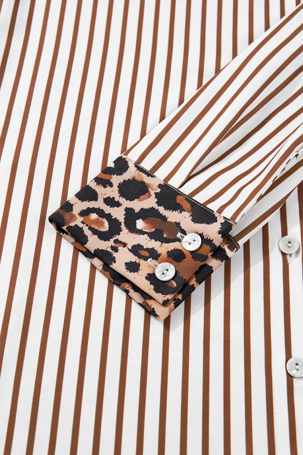 Women's Brown Stripe Contrast Leopard Patchwork Long Shirt Dress with Slits at LivelyLooks