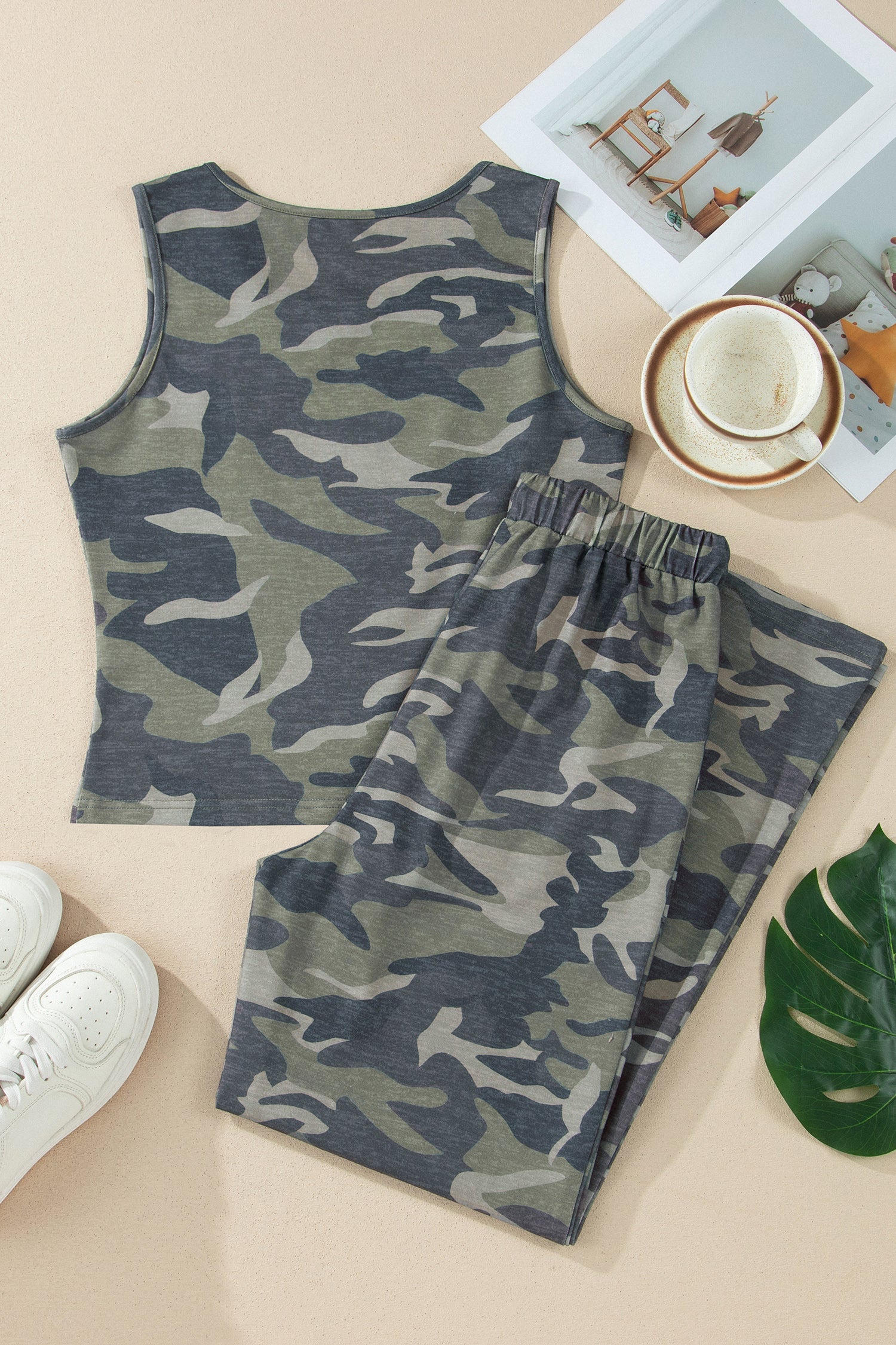 Women's Green Camo Sleeveless Tank & Drawstring Trouser Co-ord Set at LivelyLooks