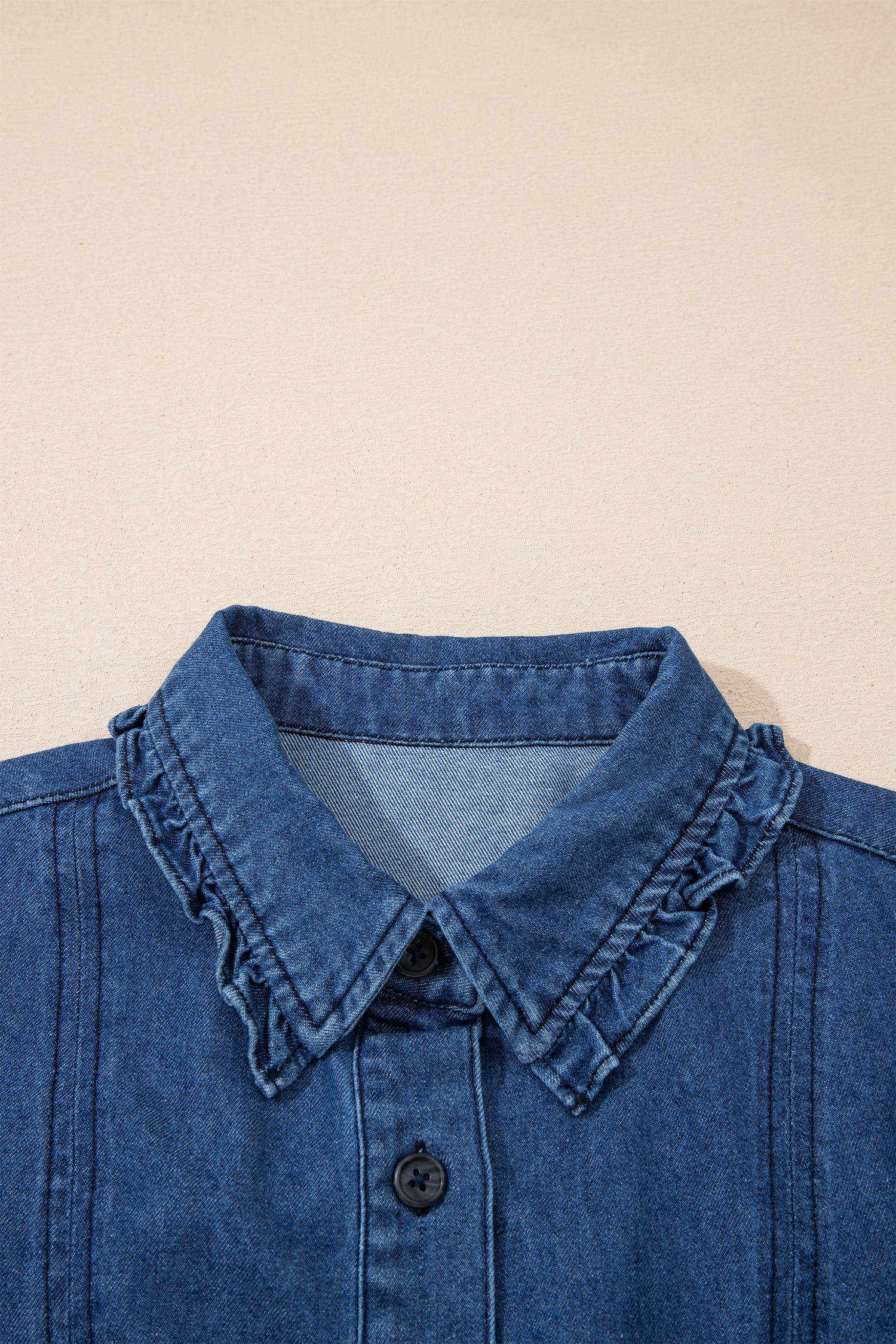 Sail Blue Ruffled Collar Shift Denim Dress with Pockets