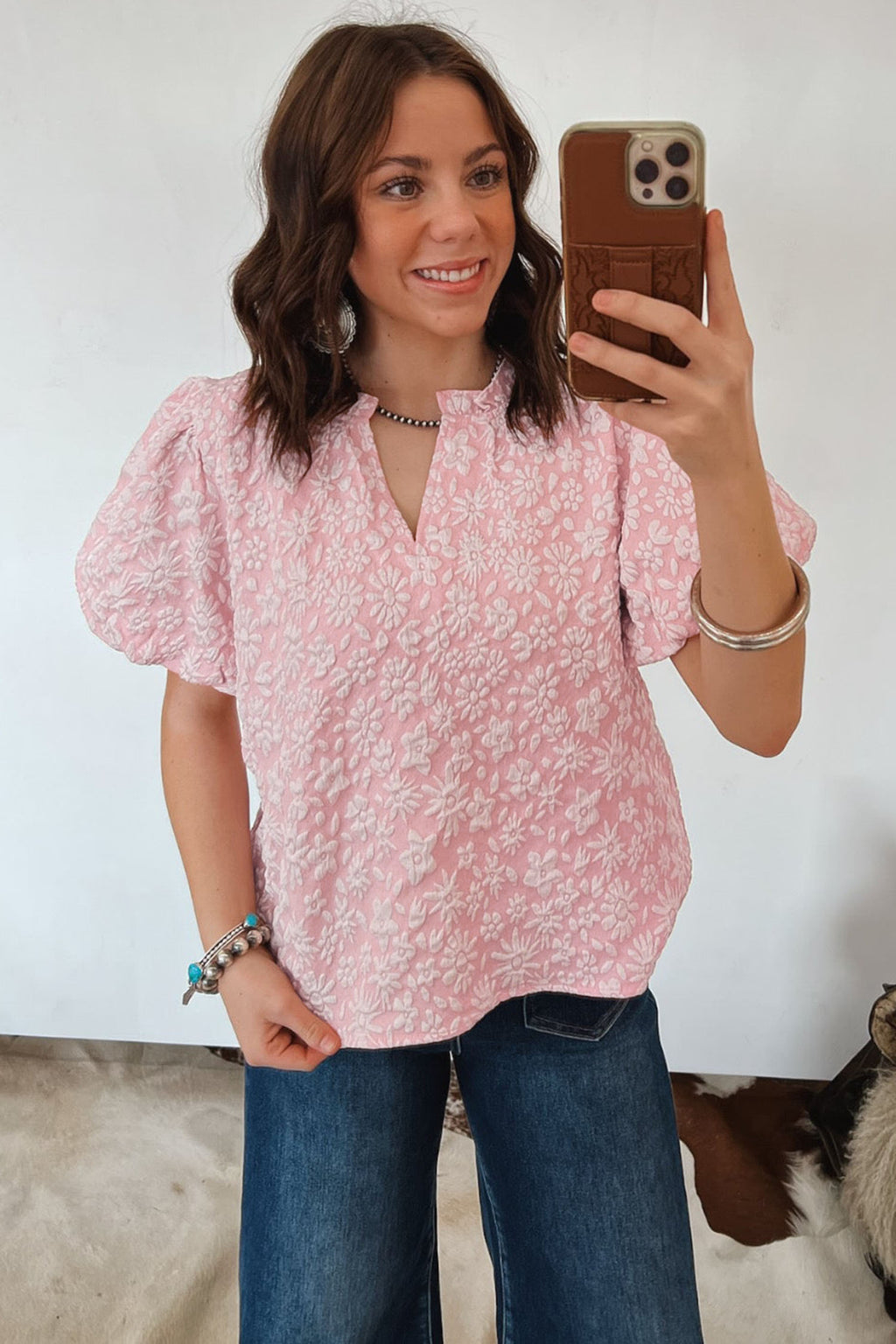 Floral Textured Jacquard Puff Sleeve Blouse Iceland Blue Beige Apricot Pink S-XL