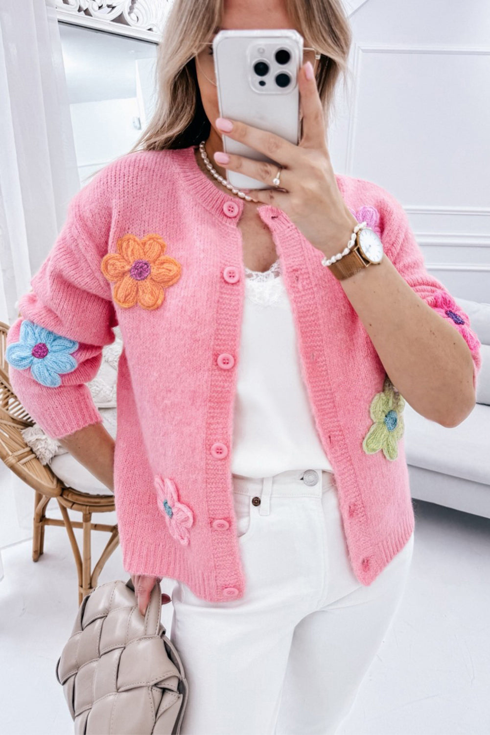 Women's Pink Floral Knit Button-Up Cardigan Cosy & Cute at LivelyLooks