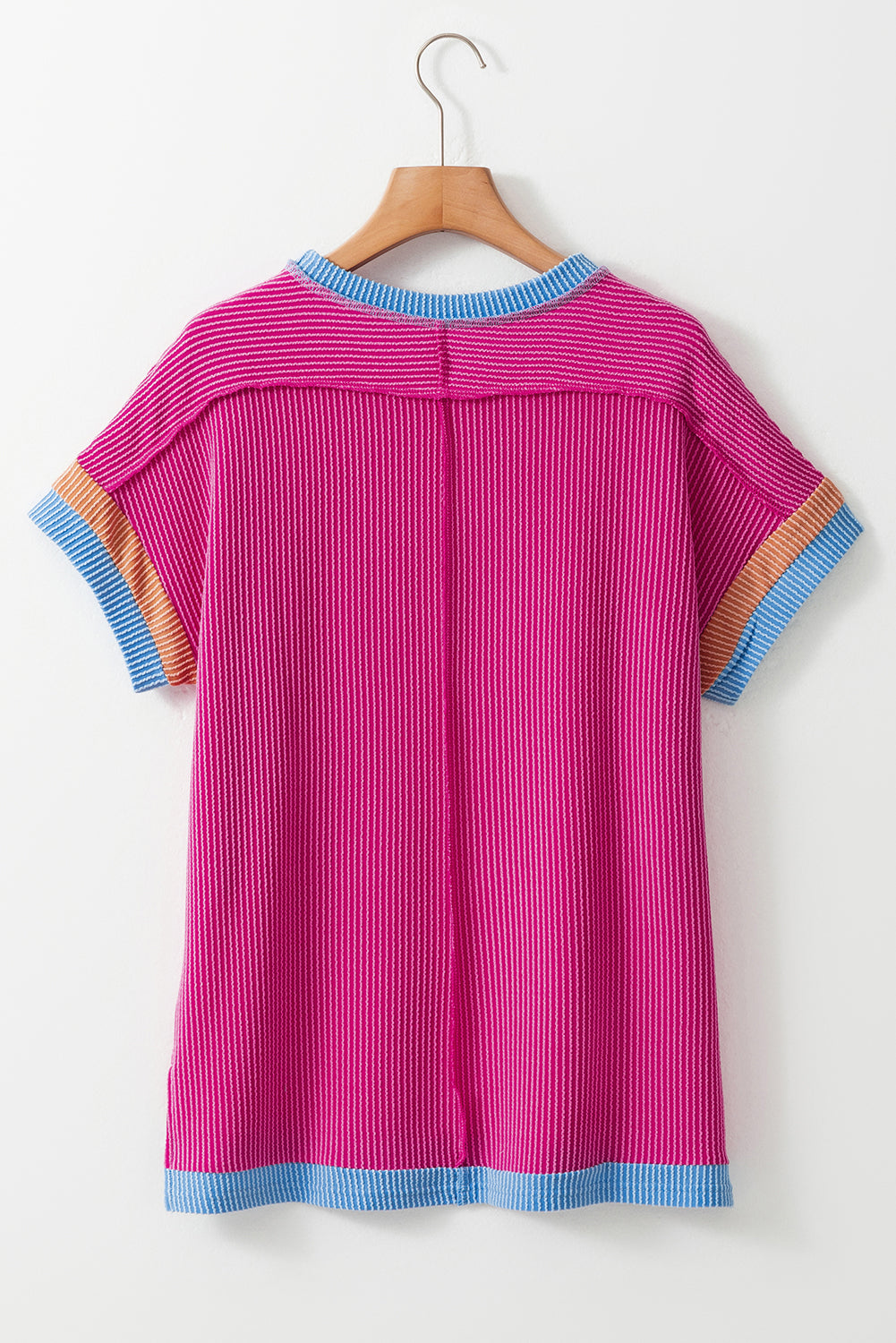 Light Pink Textured Contrast Trim Round Neck T-Shirt