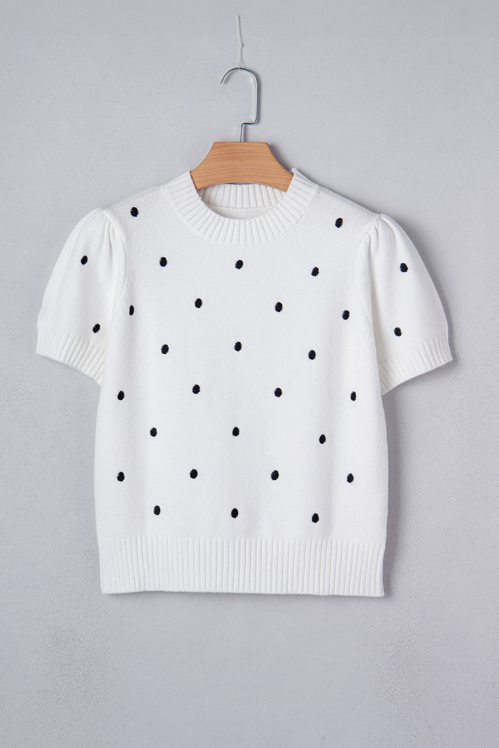 Women's Yellow Cream Elegant Polka Dot Bubble Short Sleeve Sweater at LivelyLooks