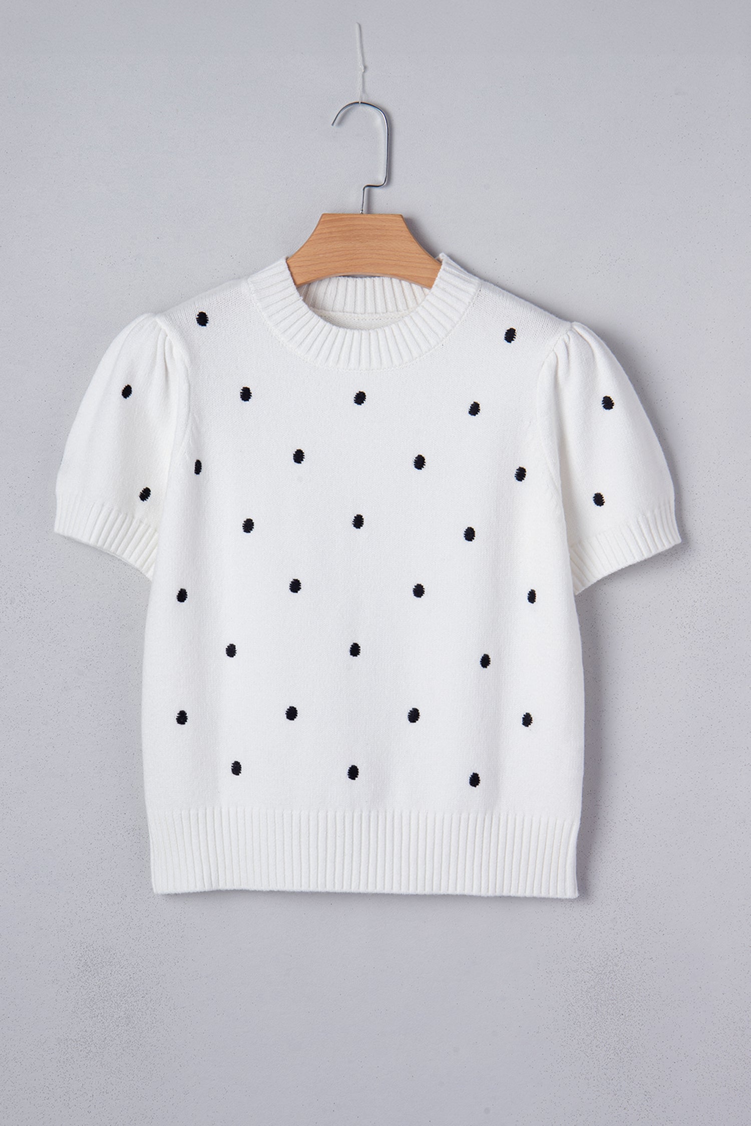 Women's Yellow Cream Elegant Polka Dot Bubble Short Sleeve Sweater at LivelyLooks