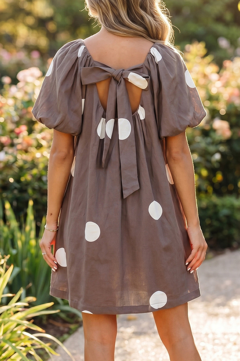 Brown Polka Dot Puff Sleeve Mini Dress Knot Back Loose Fit UK 8-22