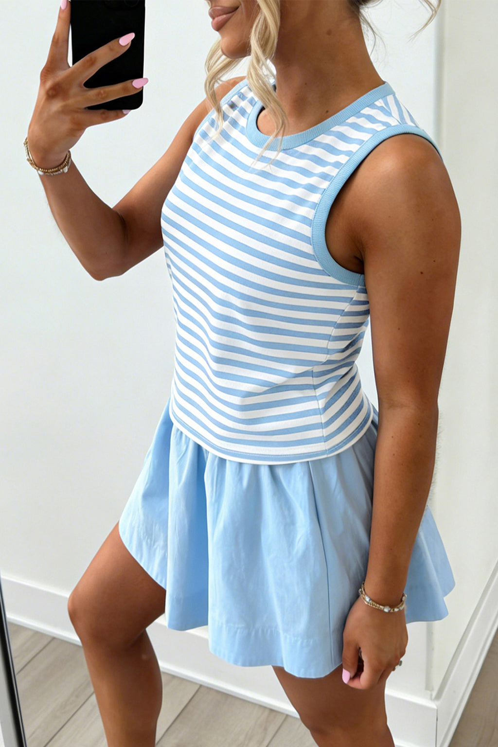 Sky Blue Stripe Slim Tank & Contrast Ruffle Mini Skort Set | UK 8–22