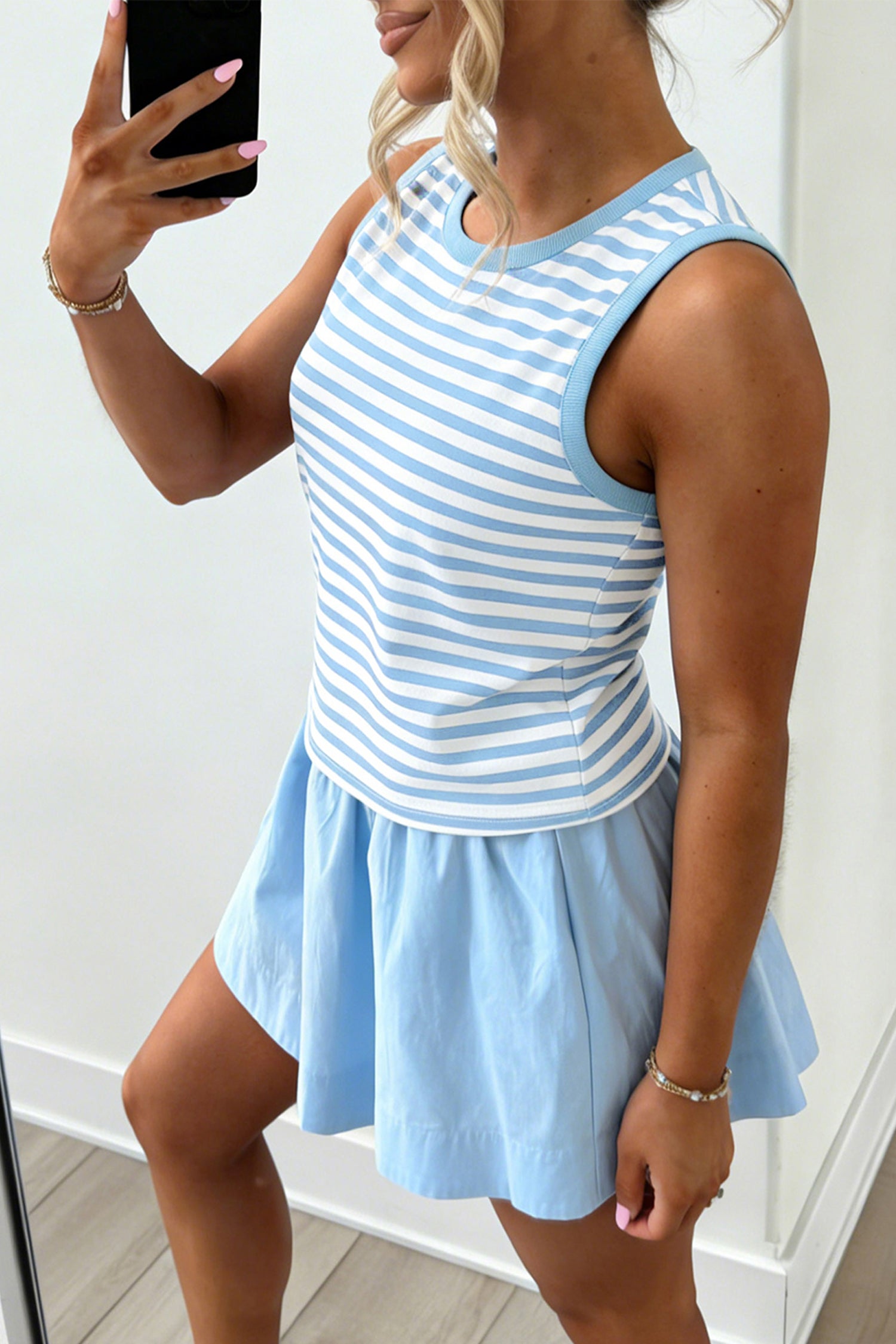 Sky Blue Stripe Slim Tank & Contrast Ruffle Mini Skort Set | UK 8–22