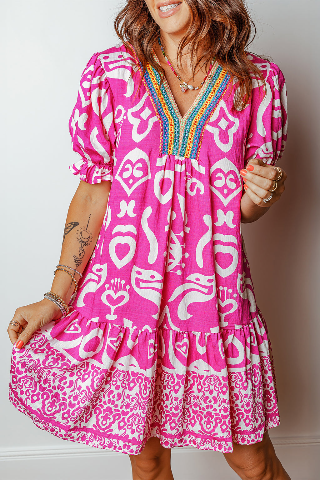 Rose Boho Mixed Print Flared Dress Contrast Trim V Neck Short Sleeve Women S-XL