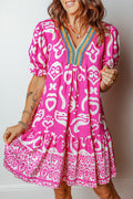 Rose Boho Mixed Print Flared Dress Contrast Trim V Neck Short Sleeve Women S-XL