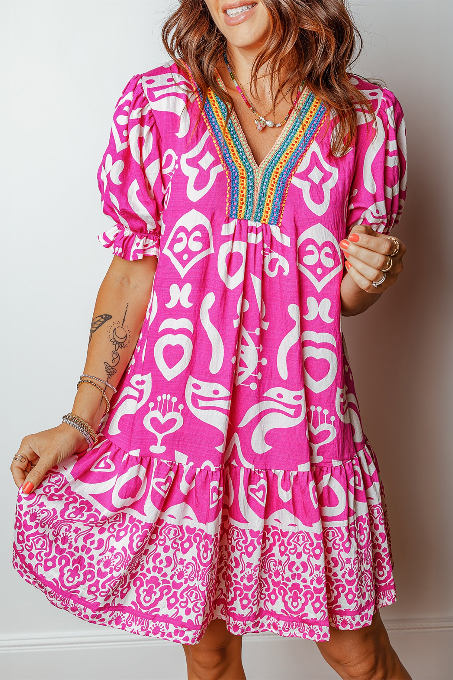 Rose Boho Mixed Print Flared Dress Contrast Trim V Neck Short Sleeve Women S-XL