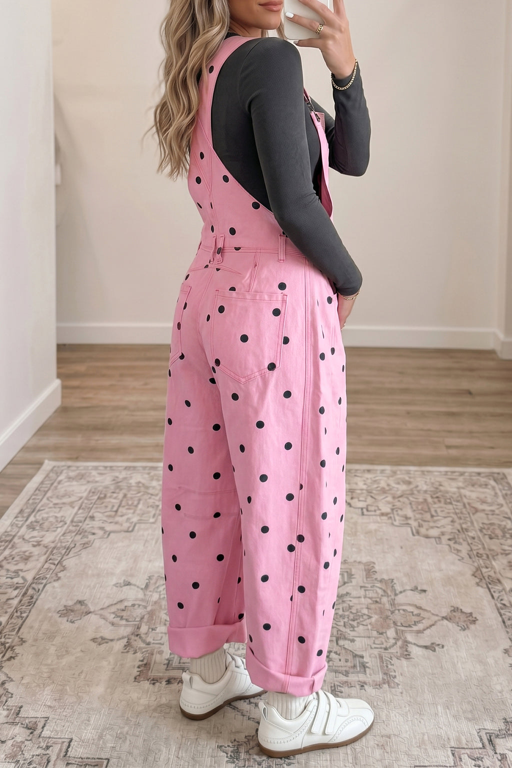 Polka Dot Denim Barrel Overalls Jumpsuit | Cream Beige Pink UK 8–22
