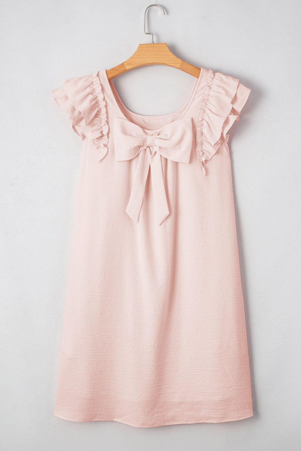 Light Pink Textured Flutter Sleeve Square Neck Bow Back Mini Dress S-XL