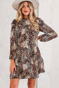 Women's Brown Leopard Ruffled Detail Long Sleeve Loose Mini Dress at LivelyLooks