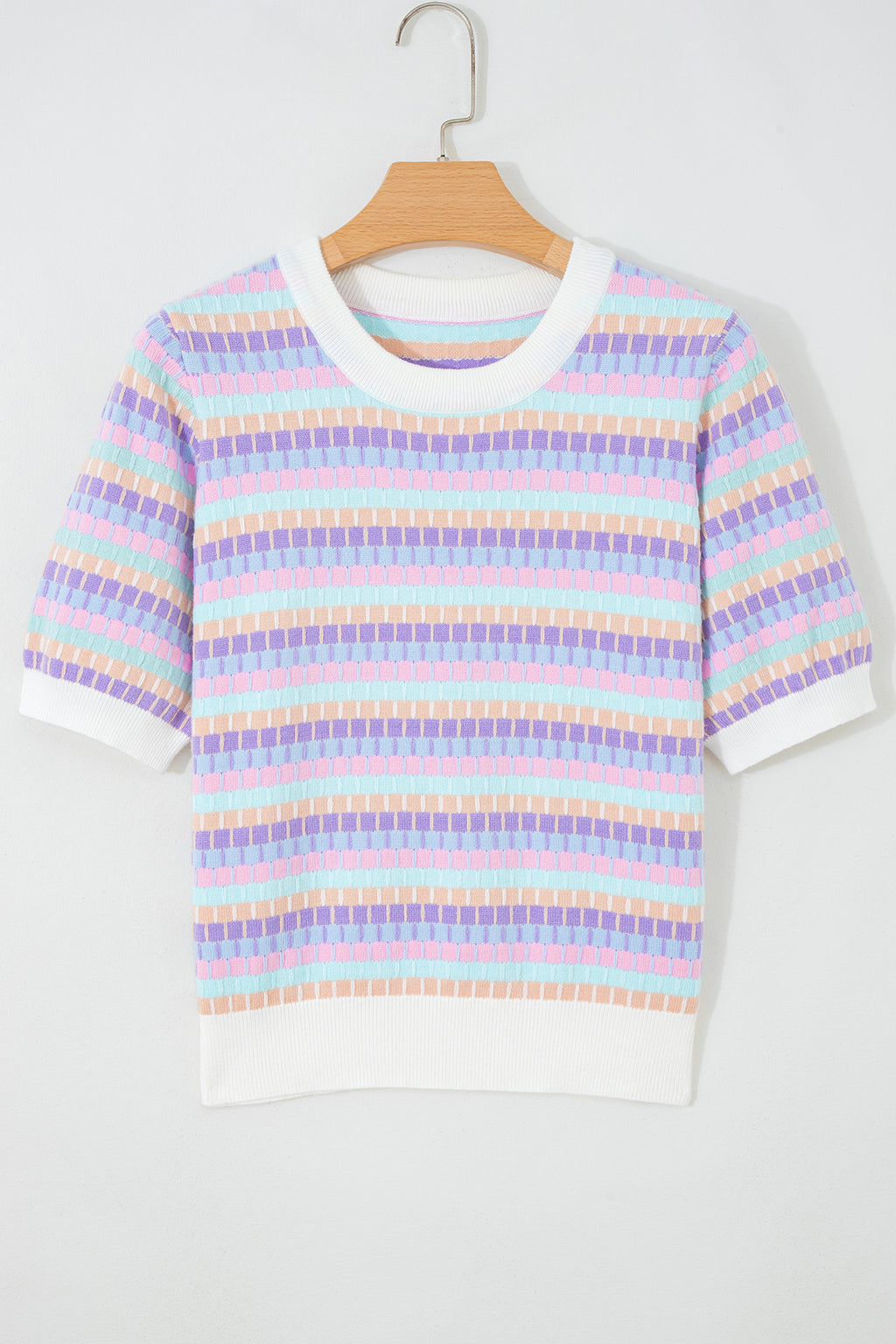 Women's Rose Red Abstract Stripe Knit Short Sleeve Sweater at LivelyLooks