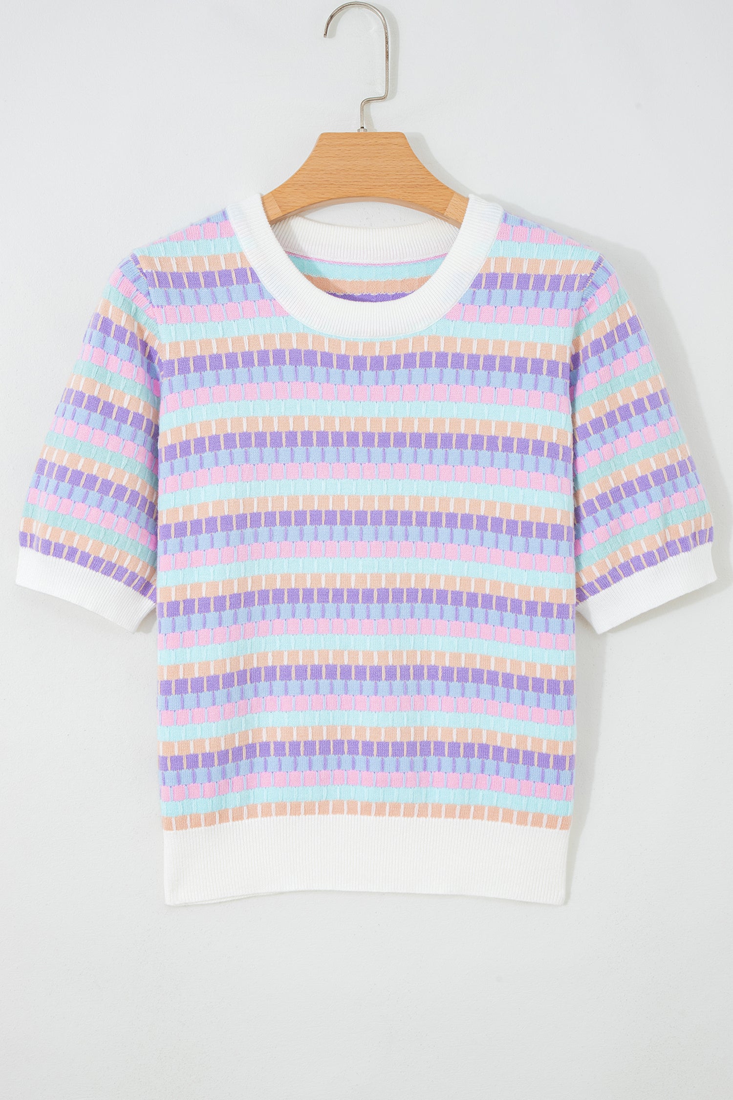 Women's Rose Red Abstract Stripe Knit Short Sleeve Sweater at LivelyLooks