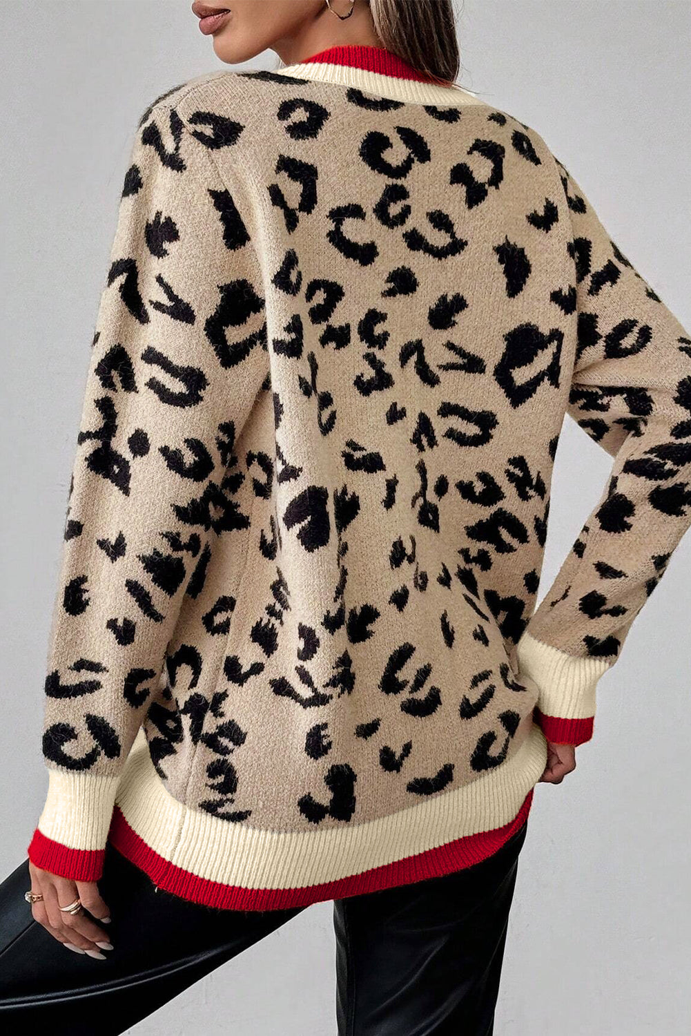 Khaki Leopard V-Neck Contrast Rib Knit Sweater | Sizes 8-22