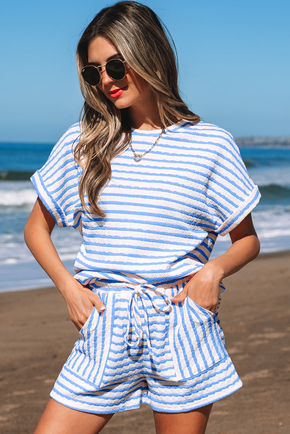 Shop Stripe Knitted Short Sleeve Top & Drawstring Shorts Co-ord S-3XL at LivelyLooks