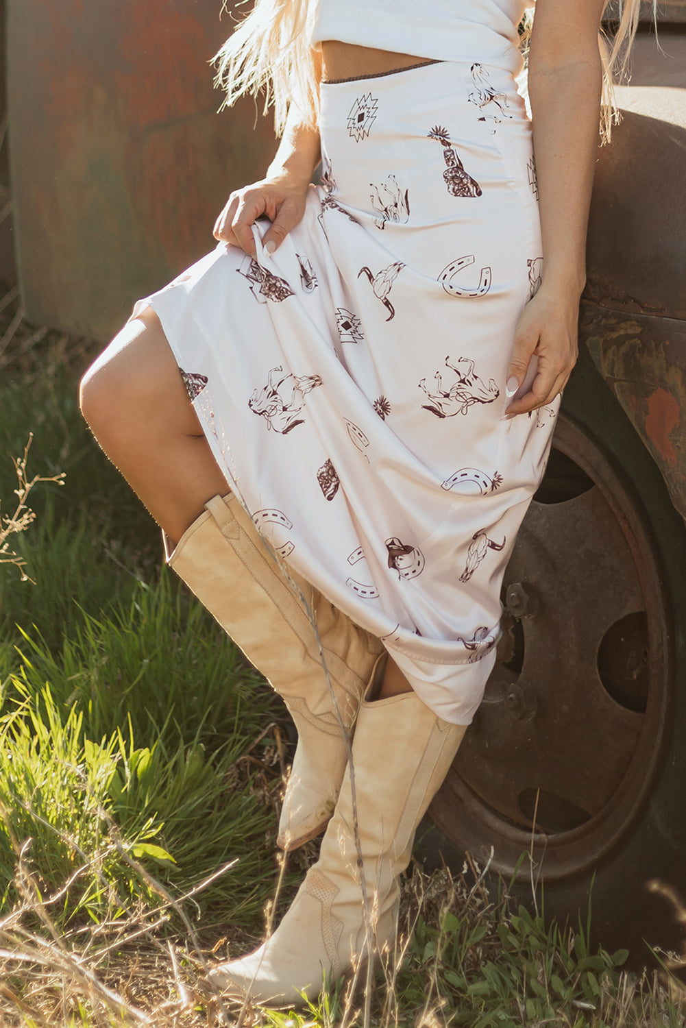 Shop Western Print Satin Long Skirt at LivelyLooks