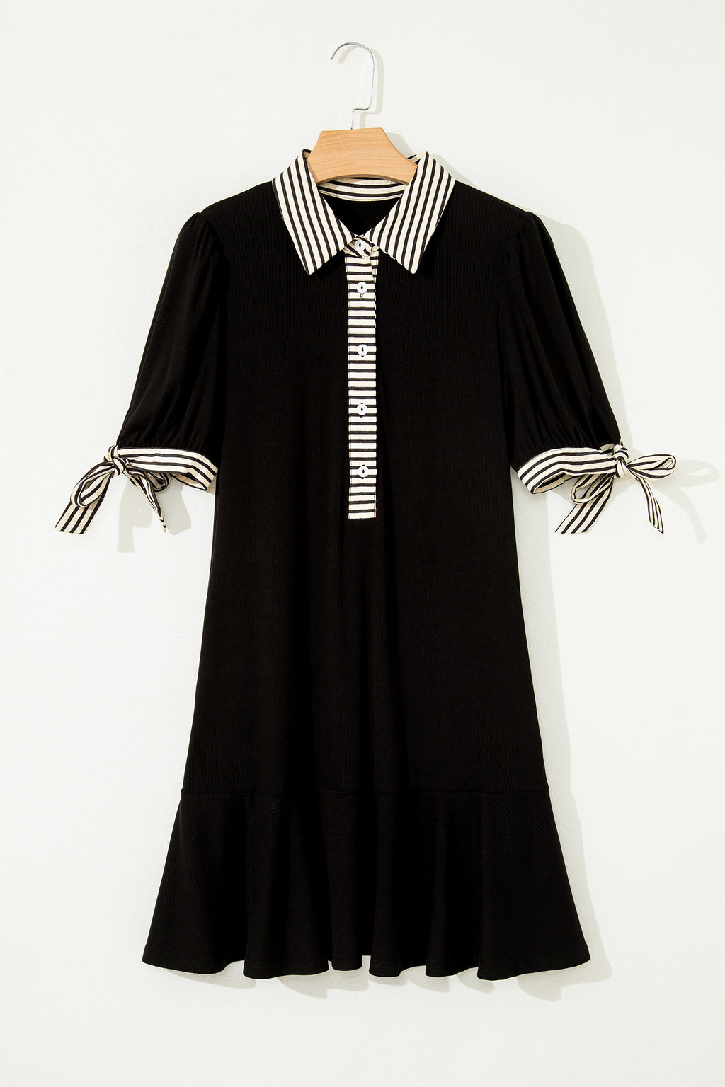 Black Stripe Polo Collar Half Button Tied Short Sleeve Mini Dress S-XL